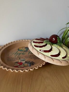 Vintage Ceramic Apple Pie Keeper Recipe Plate with Lid